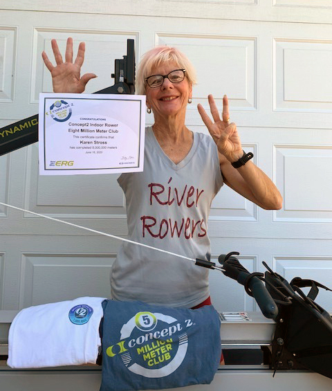 Karen shows her Concept2 Million Meter Club rewards